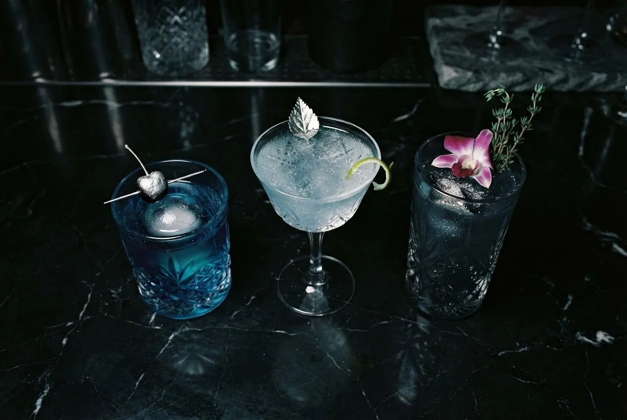 Array of three craft cocktails on black marble