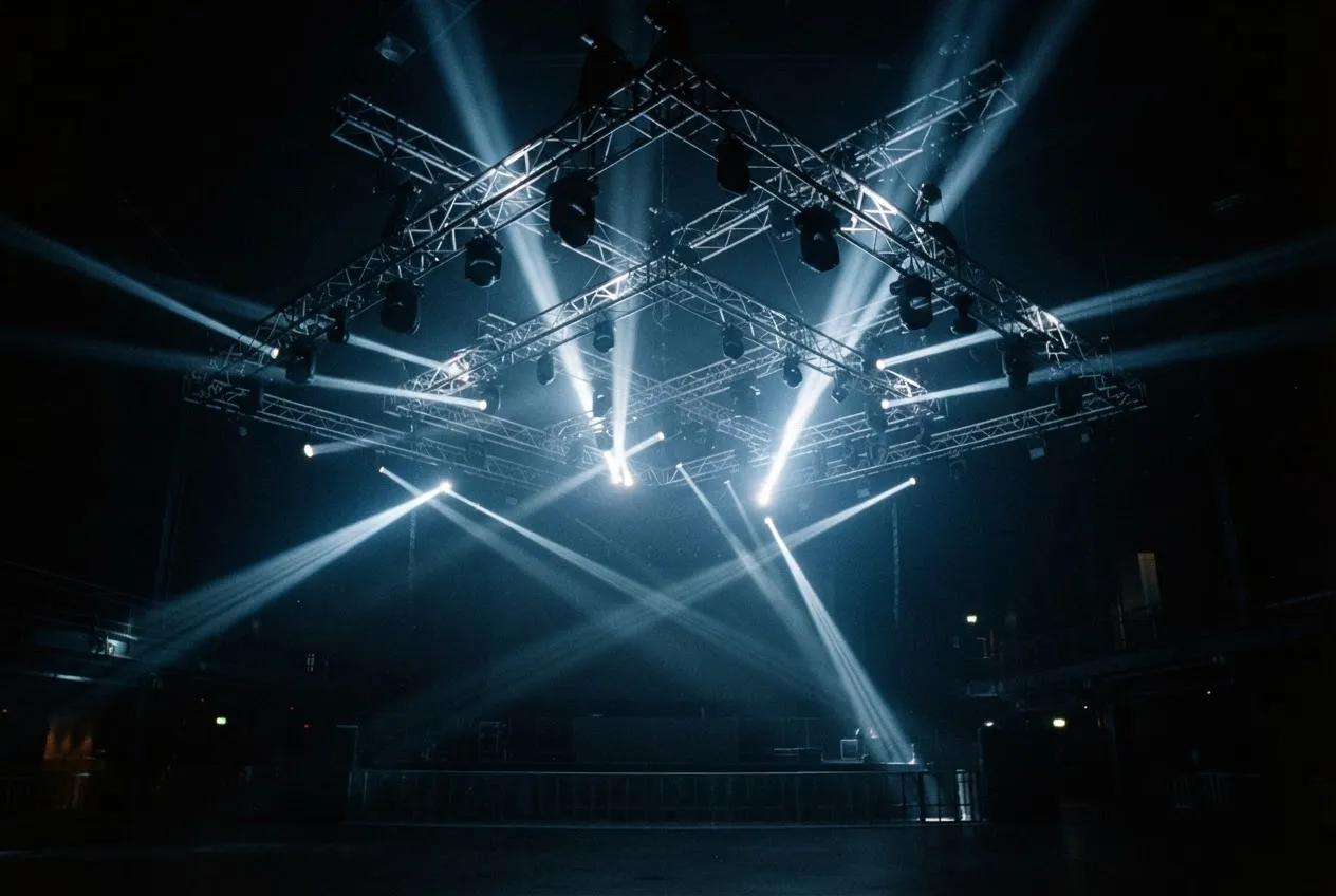 Dramatic stage lighting rigs in a dark nightclub